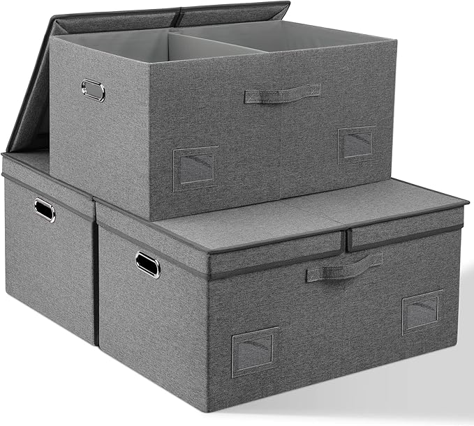 Graciadeco 75 Quarts Extra Large Decorative Storage Bins with Lids, 3 Packs Gray Collapsible Storage Bins with Lids, Stackabl