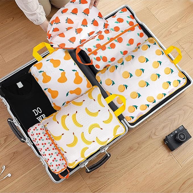 Compression Packing Cubes for Suitcases, 6 Set Cute Fruit Luggage Organizer, Lightweight Waterproof Expandable/Compression Ba