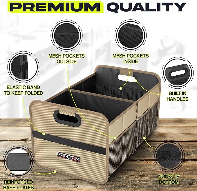 FORTEM Car Trunk Organizer, Collapsible Two Compartment Organizer, Foldable SUV & Truck Storage for Car Accessories for