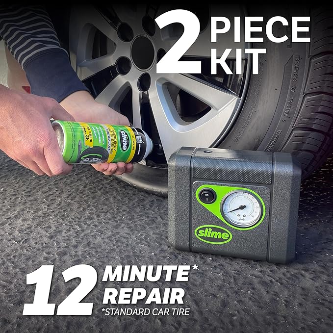 Slime 50165 Flat Tire Puncture Repair, Smart Spair Plus, Emergency Kit for Car Tires, Includes Sealant and Tire Inflator Pump