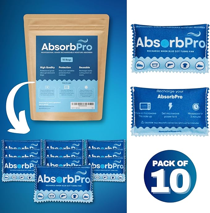 Rechargeable Dehumidifier Bag 10-Pack - 100g Reusable Moisture Absorbers - Silica Gel Packets for Bins, Totes, Gun Safe,