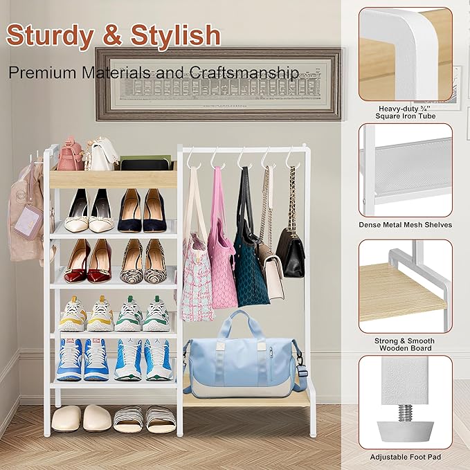 2-in-1 Shoe Rack for Closet with Purse Organizer, 5 Tier Shoes Shelf with Wooden Tray and Removable Shelves, Storage Organize