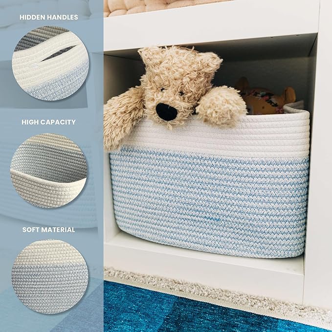 OrganiHaus Rope Baskets for Shelves - Set of 3 Woven Storage Baskets for Organizing, Closet & Toy Storage - Blue/White - 15x9