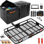 Mockins 60"x36"x6" XL Folding Trailer Hitch Cargo Carrier & 35 Cu.Ft. Tow Hitch Cargo Carrier Bag | 500 Lbs. Capacity Luggage Rack for SUV Car Truck & Soft Waterproof Trailer Rack Bag with Accessories