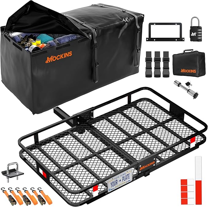 Mockins 60"x36"x6" XL Folding Trailer Hitch Cargo Carrier & 35 Cu.Ft. Tow Hitch Cargo Carrier Bag | 500 Lbs. Capacity Luggage Rack for SUV Car Truck & Soft Waterproof Trailer Rack Bag with Accessories