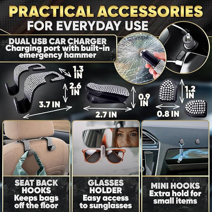 Bling Car Accessories Set 27 Pieces – Silver Steering Wheel Cover, Diamond License Plate Frame, Rhinestone Interior Car Decor, Cup Holders, Hooks, Universal Fit, Great Gift for Auto Lovers
