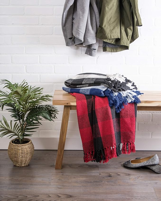 DII Buffalo Check Collection Rustic Farmhouse Throw Blanket with Tassles, 50x60, Navy/Off-White