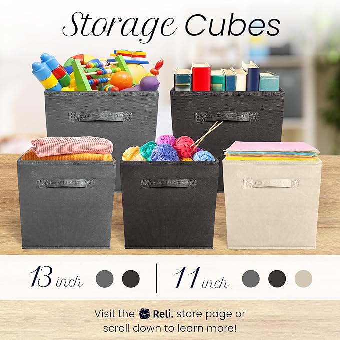 Reli. 13x13x13 Storage Cube Bins (8 Pack) | Large Cube Organizer Bins | 13x13 Fabric Storage Boxes | Fits Kallax | Collapsibl