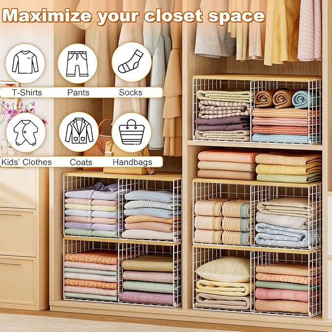 2 Pack Stackable Closet Organizers and Storage, 4 Cube Closet Shelves with Wood Top Board for Extra Clothes Storage, Small Me