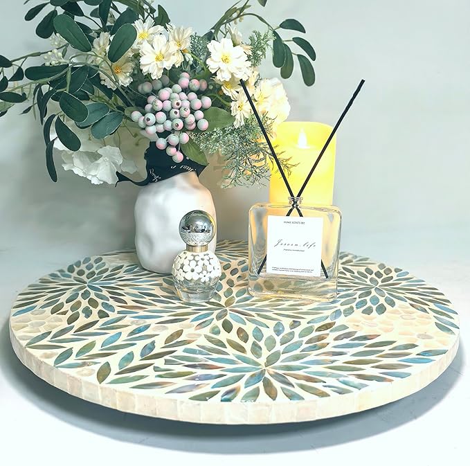 i-lan 18-inch Mother of Pearl Lazy Susan – Large Rotating Turntable with Floral Inlay, Smooth Spin for Kitchen Cabinet Dining