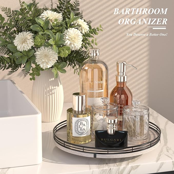 13" Oak Bathroom Vanity Tray Turntable for Perfume Candle, Round Wooden Decorative Tray for Kitchen Sink Countertop Organizer