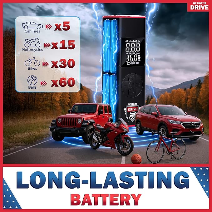 Tire Inflator Portable Air Compressor with LED Light – 12V DC Cordless Air Pump & Auto Shut-Off Function, 150 PSI Electric Air Pump for Car Tires with Digital Tire Pressure Gauge and Car Accessories