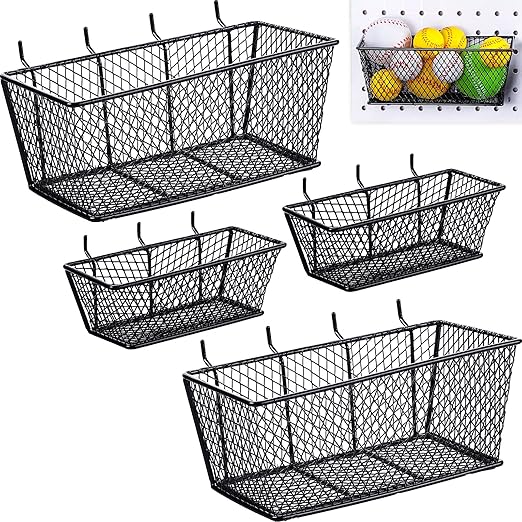 Sieral 4 Pcs Black Pegboard Baskets Metal Wire Shelf Baskets Peg Board Organizer Accessories Wall Mount Organizer Attachments