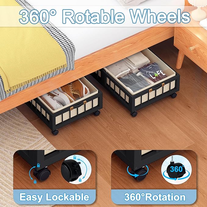 efluky 2-Pack Bamboo Under Bed Storage with Wheels, Rolling UnderBed Storage Basket with Large Dust Bag, Under Bed Storage Co