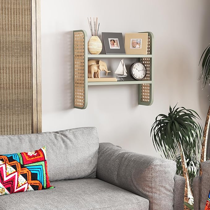 2-Tier Rattan Shelf, Green Rattan Bookshelf Wall Mounted, Handmade Woven Display Shelf, Decorative Boho Shelves for Entryway,