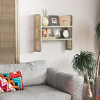 2-Tier Rattan Shelf, Green Rattan Bookshelf Wall Mounted, Handmade Woven Display Shelf, Decorative Boho Shelves for Entryway,