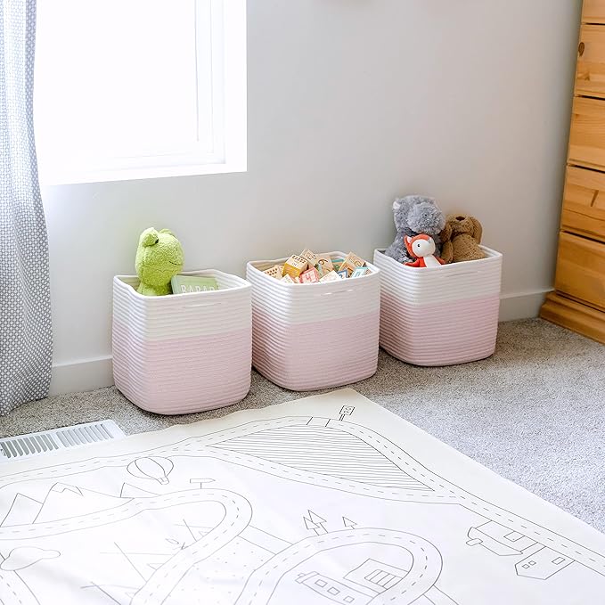 NaturalCozy Storage Cubes 11 Inch Cotton Rope Woven Baskets for Organizing, 3-Pack | Cube Storage Bin | Square Storage Basket