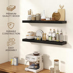 40 Inch Floating Shelves | 6.5 Inch Deep Black Floating Shelves Set of 2 | 40" W x 6.5" D Rustic Black Wood Wall Shelves with