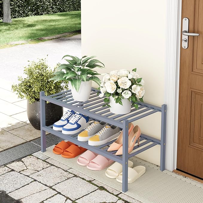 Smiry Shoe Rack, 2 Tier Thick Bamboo Shoe Organizer, Stackable Free Standing Wooden Shoe Storage Shelf for Closet, Entryway, 