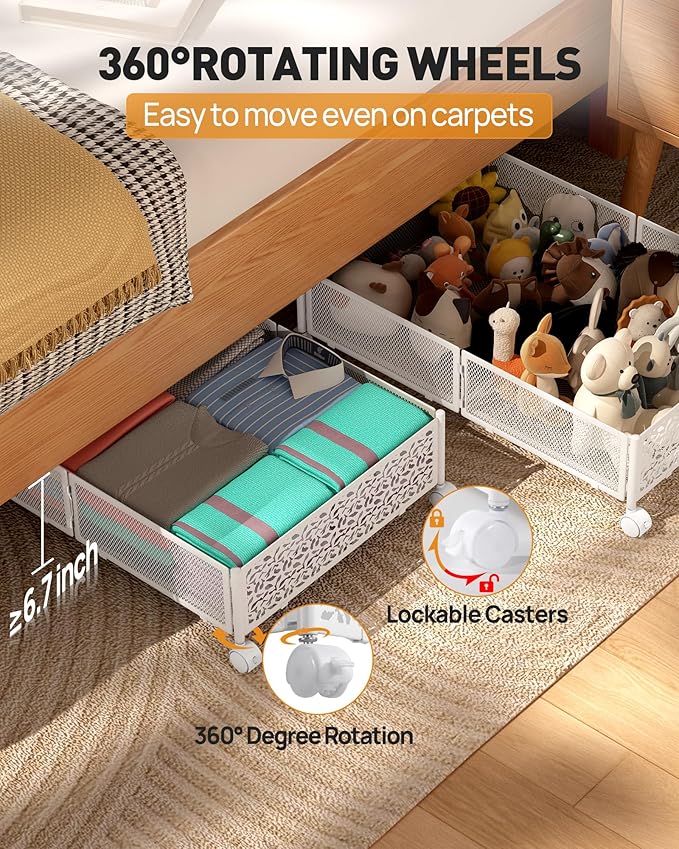 Under Bed Storage With Wheels - 60L Foldable Pattern Carved Metal Container, Rolling Underbed for Shoes, Clothes, Blankets - 