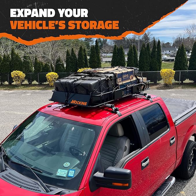 Mockins 64"x39"x6" Extendable Roof Rack Cargo Carrier | 250 Lbs. Capacity Weatherproof Steel Roof Basket | Rooftop Cargo Carrier Set w/Ratchet Straps & Bungee Net for SUV, Van, & Car Roof Storage