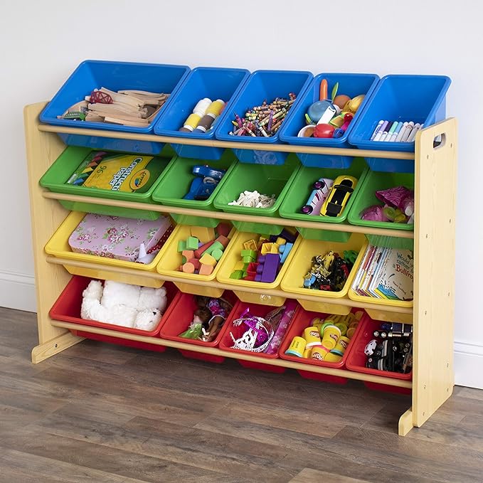Humble Crew Extra-Large Toy Organizer with 20 Plastic Bins – Primary/Natural Storage Rack with 4-Tier Shelves, Anti-Tip Safet