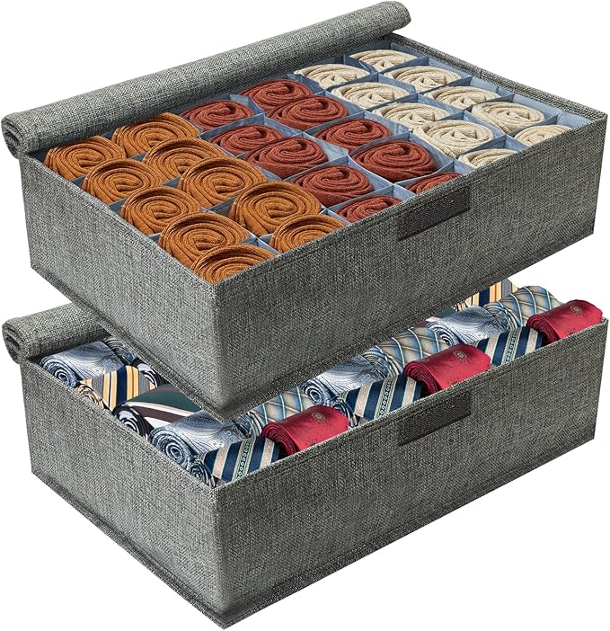 PINGMIC Gray Sock Organizer Divider 2 Pack with Lid - 30 Cell Foldable Closet Storage, Tie Organizer For Men Boxes for Socks,