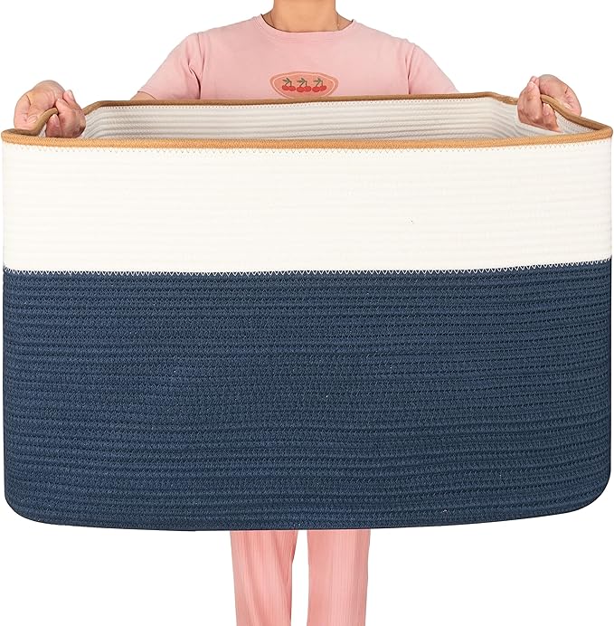 MINTWOOD Design 112L Extra Large Blanket Basket Holder Living Room, 25"x17"x16" Rectangle Rope Woven Storage Basket with Hand