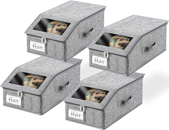 4 Pack Grey Hat Organizer for Baseball Cap, Hat Storage for Closet with Clear Window, Breathable Fabric Hat Box for Snacks, T