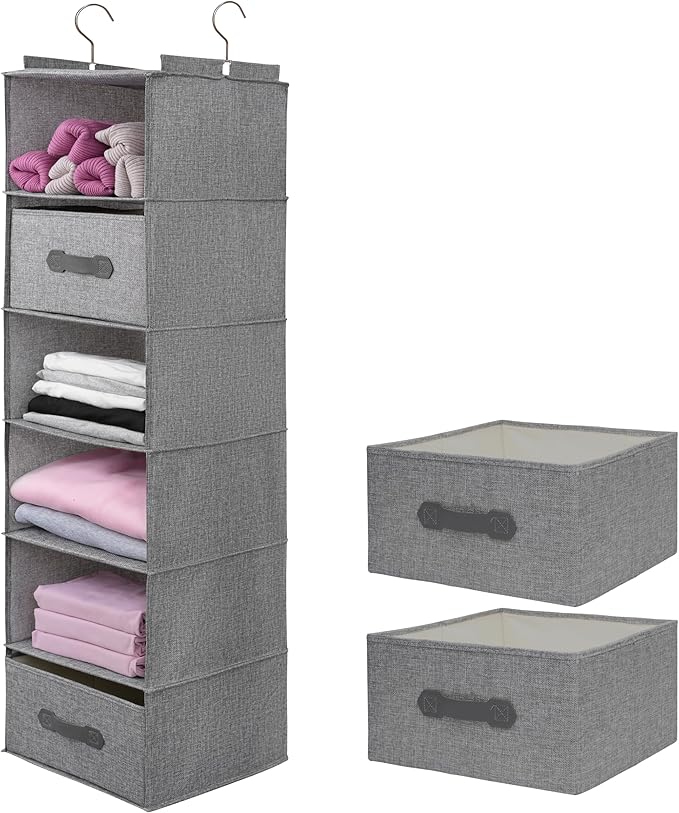 Large Hanging Sweater Organizer for Closet,Collapsible 6-Shelf Hanging Closet Shelves with Drawers, Washable (Grey-6 Shelf-2 