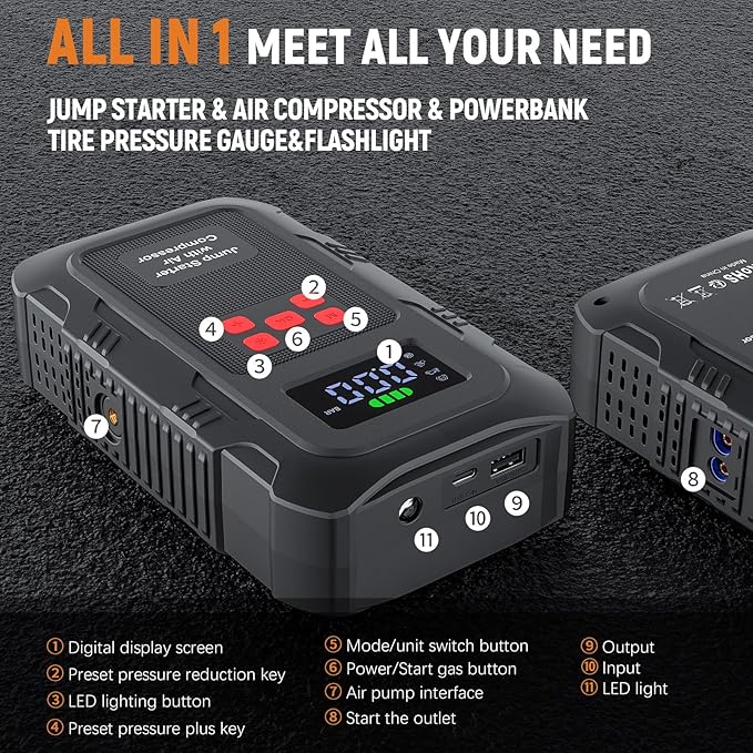 6000A Jump Starter with Air Compressor Portable Car Battery Jump Starter with 150 PSI Tire Inflator for Up to 10.0L Gas and