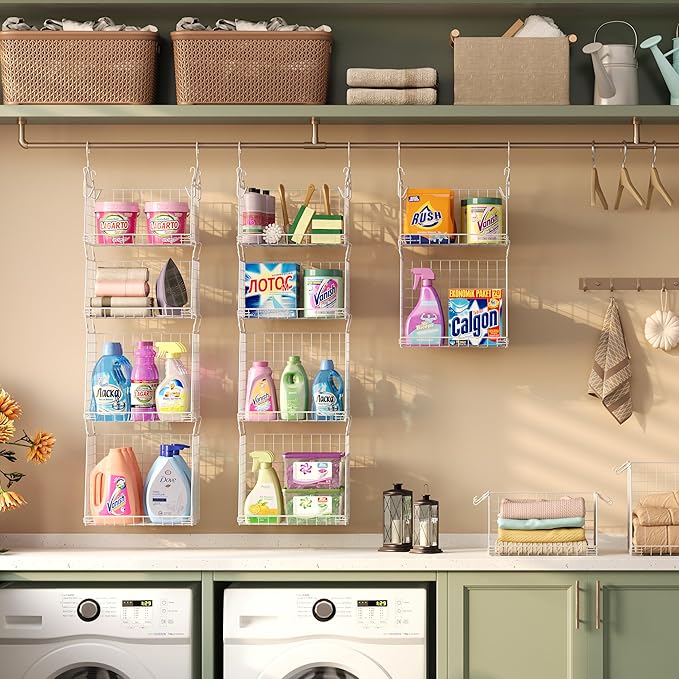 4-Tier Hanging Laundry Room Organizer: Foldable Wire Shelf Basket with 2 Large Hooks 1.65" & 360°Rotating Hooks – Space-Savin