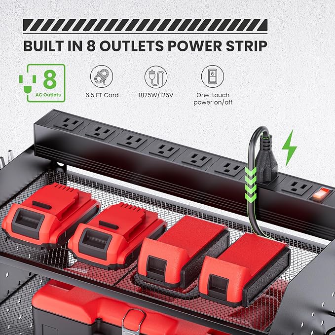 TRZZ Power Tool Organizer Wall Mount, 5-Layer Charging Station with 8 Outlets, 6 Drill Holders, 2 Side Pegboards, and Drill B