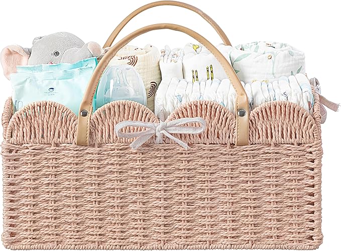 HBlife Baby Diaper Caddy, Paper Rope Storage Baskets Nursery Bin with Removable Divider, Portable Car Organizer for Diapers, 