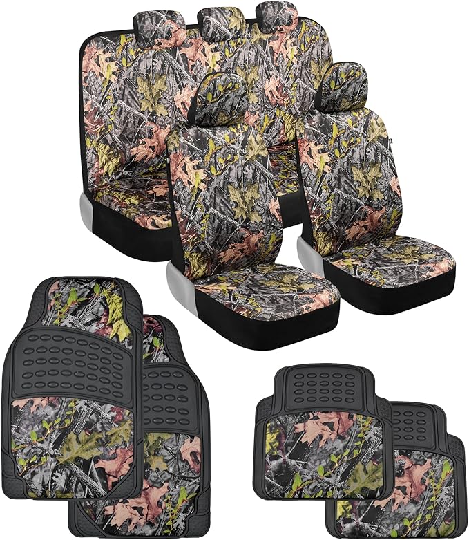 BDK Camo Car Seat Covers Full Set with Floor Mats – Complete Interior Protection Set, Realistic Green Forest Camouflage Patte