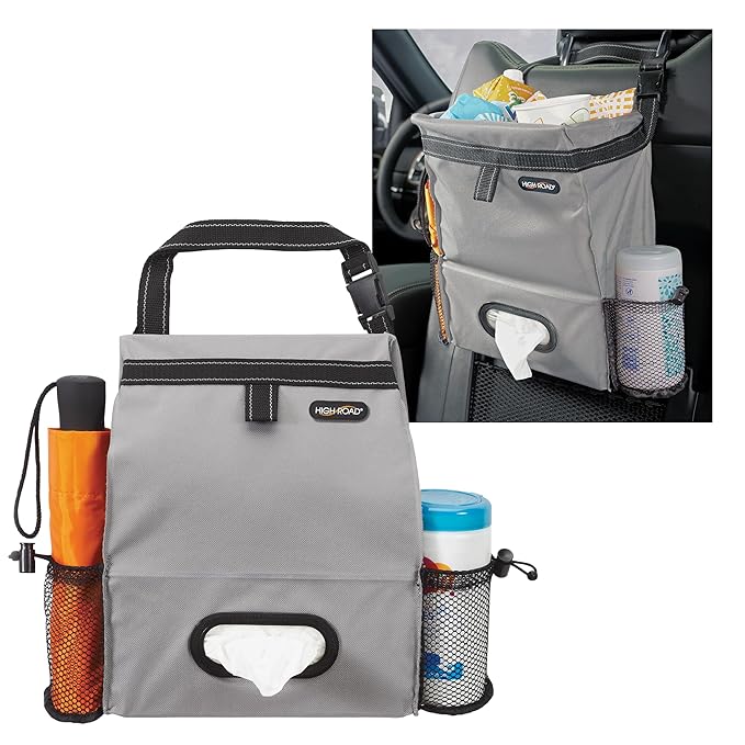 High Road Car Organizer with Car Trash Bin and Tissue Holder - Holds Full Size Tissue Box, Bottles and Wipe Containers - 2 Gal Leakproof Covered Trash Can with Push-Close Lid