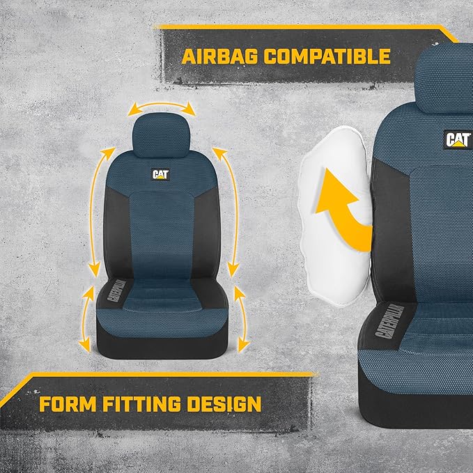 CAT Blue & Black Seat Covers for Cars, Trucks, & SUV - Set of (2) MeshFlex Car Seat Cover Front Seat Protectors - Airbag Comp