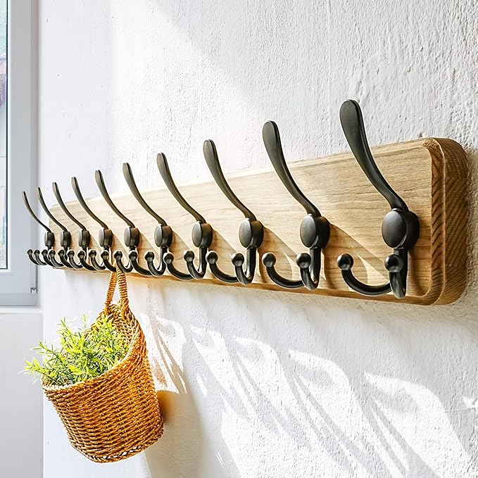 Dseap Coat Rack Wall - Heavy-Duty 38-1/4" Long, with Reinforced 10 Custom Tri-Hooks, Solid Wood Wall Hanger for Coats Hat Jac