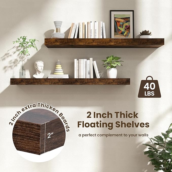 48 Inch Floating Shelves | 12 Inch Deep Floating Shelves Set of 1 | 48" W x 12" D Rustic Brown Wood Wall Shelves for Bathroom