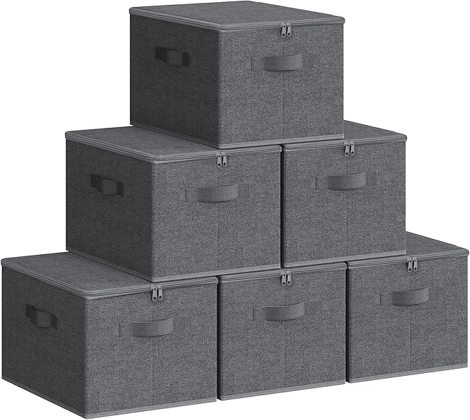 SONGMICS Foldable Storage Organizer Boxes, Set of 6 Storage Basket Bins with Lids, Handles, Clothes Organizer, 15.7 x 11.8 x 