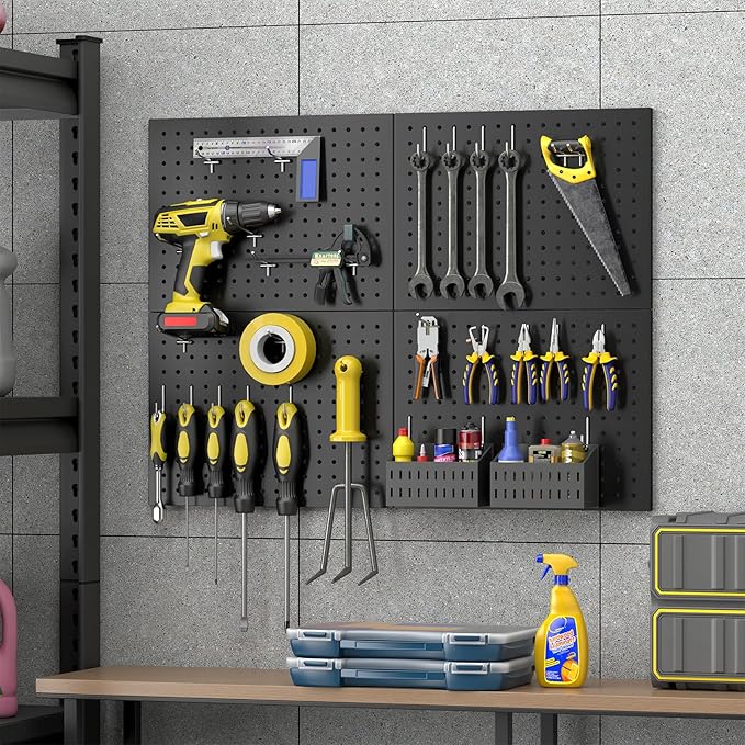 Metal Pegboard,4 Pack Metal Pegboard Panels With 8 Hooks,Black Pegboard Wall Organizer,16"x12" Steel Peg Boards for Walls,Too