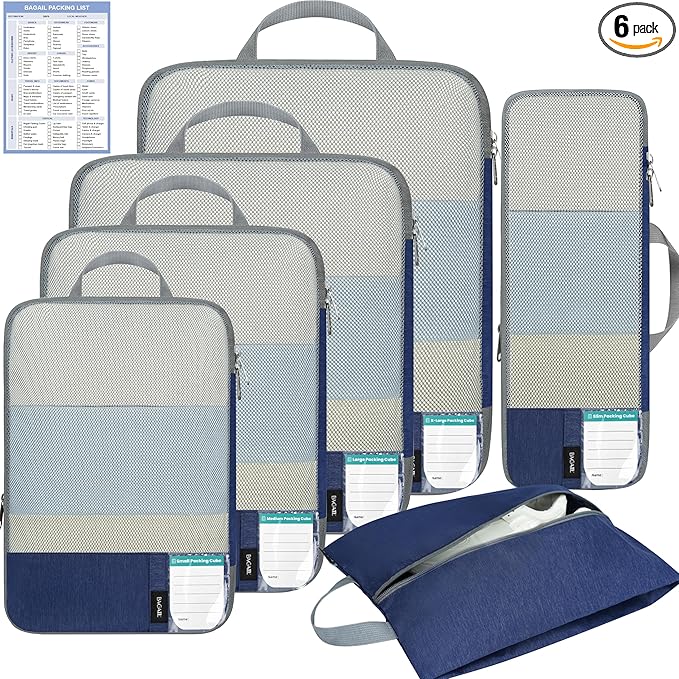 BAGAIL 6 Set Lightweight Compression Packing Cubes with Packing List, Anti-Tearing Expandable Organizer Bags for Travel, Navy