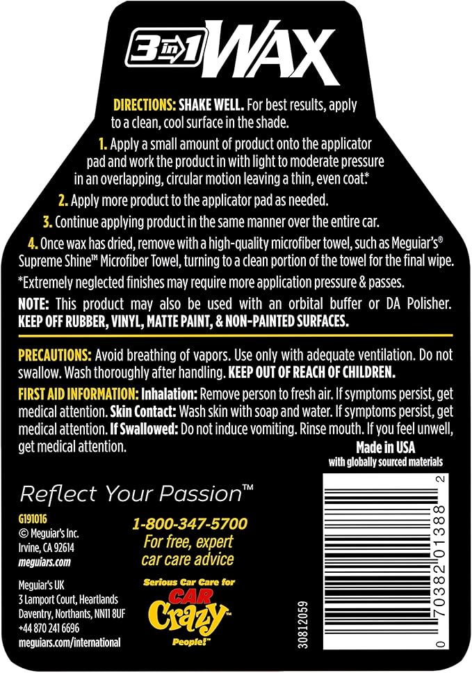 Meguiar's 3-in-1 Wax, Advanced Cleaner Wax that Blends Defect and Scratch Removal with Car Polishing, Keep Your Car Care Simple With an All in One Product, 16 Oz