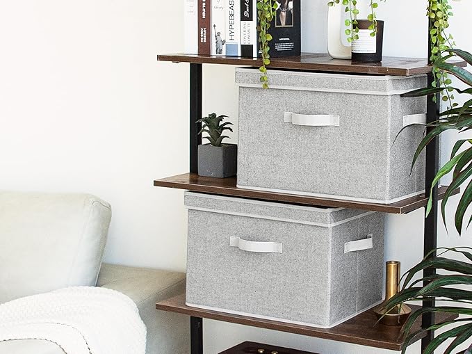 StorageWorks Fabric Storage Bins with Lid, Decorative Storage Boxes for Shelves, Stackable Closet Organizer Basket with Handl