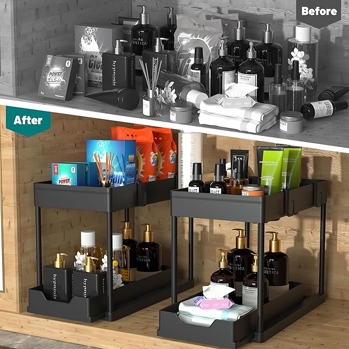 DEKAVA Under Sink Organizer 2 Pack, Bathroom Cabinet Organizer, 2 Tier Sliding Cabinet Basket Organizer Drawer, Multi-Purpose