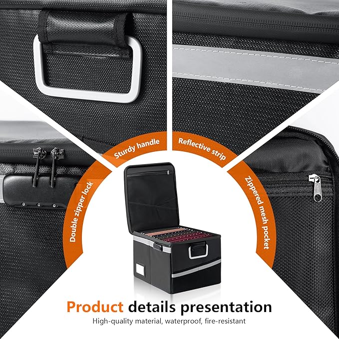 Fireproof Waterproof Document Box with Lock - Collapsible Portable File Organizer Hard Shell Storage for Hanging Letter/Legal