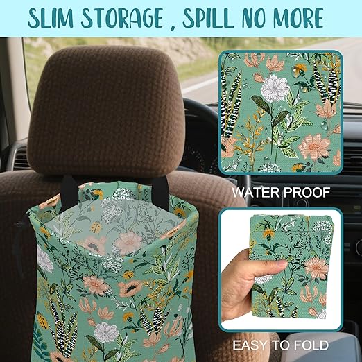 Car Garbage Bag Blooming Floral and Leaves Drawstring Car Trash Bag Hanging for Back Seat with Adjustable Buckle Canvas Vehicle Trash Can Easy-to-Install
