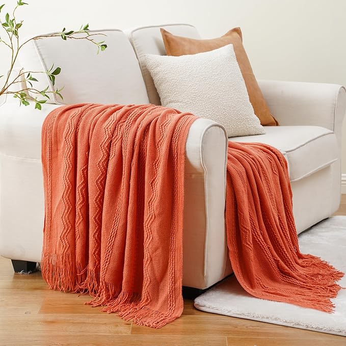 BATTILO HOME Orange Fall Throw Blanket for Couch Sofa, Knitted Decorative Blankets Throws Halloween Throw Blanket Fall Decora