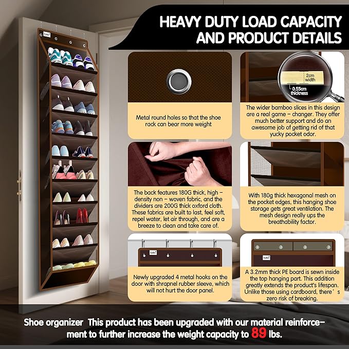Kotkn 10 Tier Over The Door Organizer - Heavy Duty Hanging Storage Rack with Sturdy Oxford Fabric, Holds 20+ Pairs of Footwea
