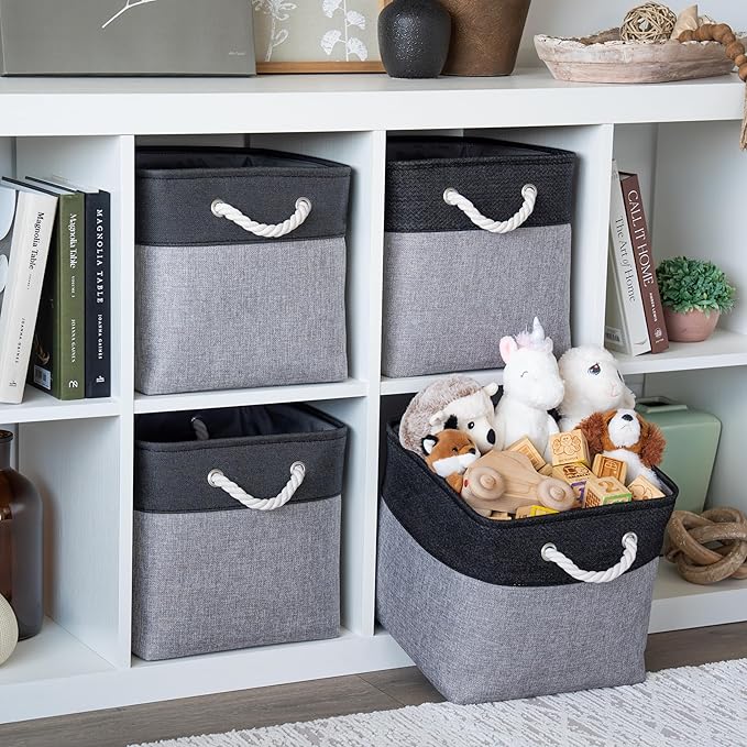 OrganiHaus 12x12 Cube Storage Bins 4 Pack, Foldable Cube Storage Organizer w/ Rope Handles, Collapsible Fabric Bins for Toys,